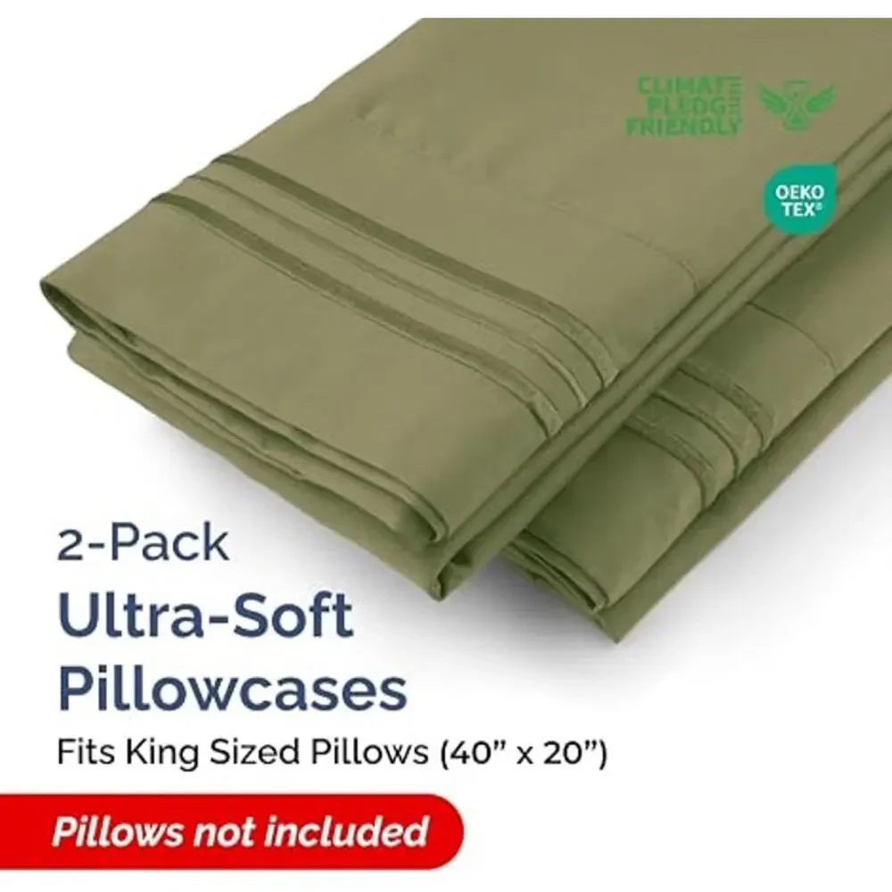 King Pillow Cases Set Of 2 - Ultra Soft Pillowcase Covers - Sage Green